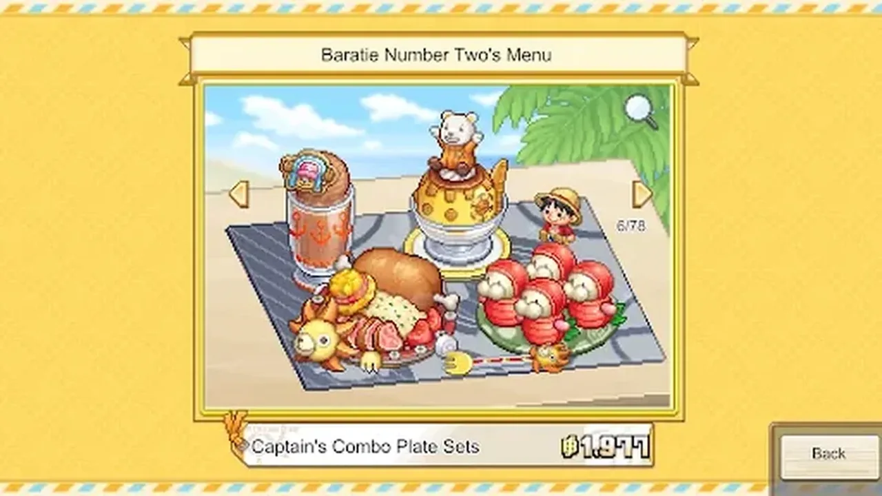 Baratie Number Two menu showing Captain Combo Plate Sets with pixel art dishes