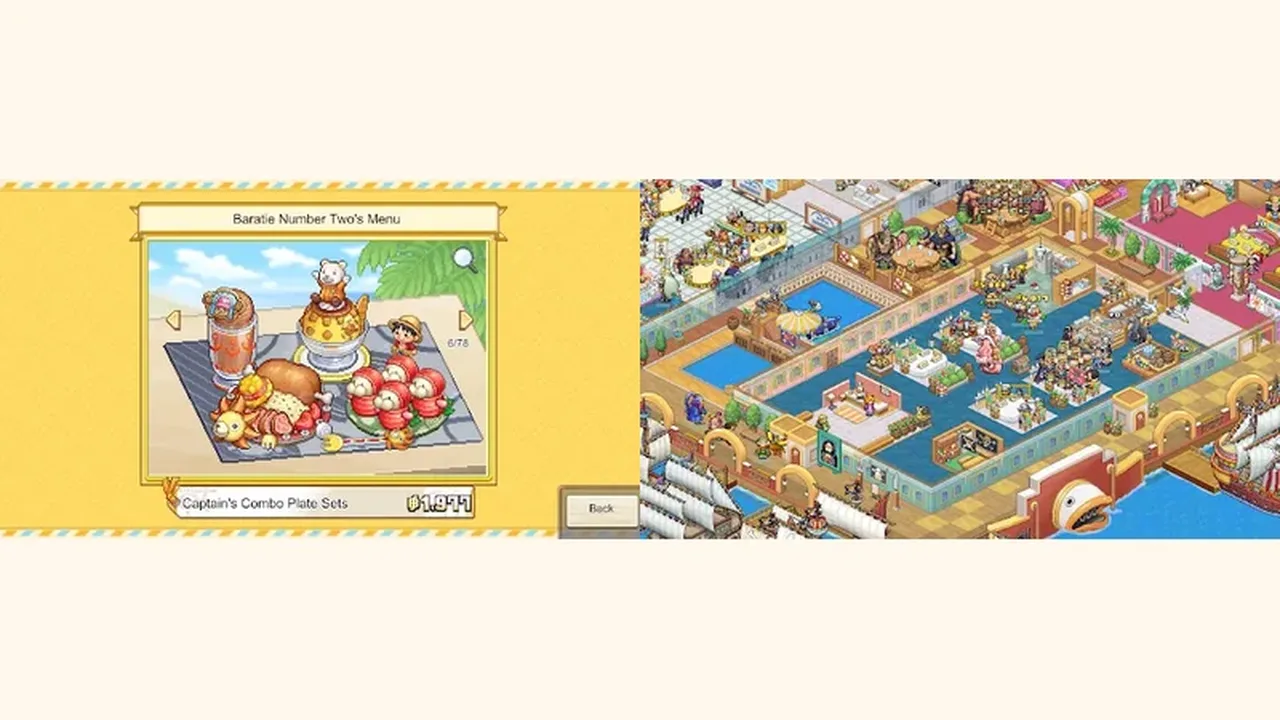 Grand Gourmet restaurant interior with tables, guests and staff in pixel art