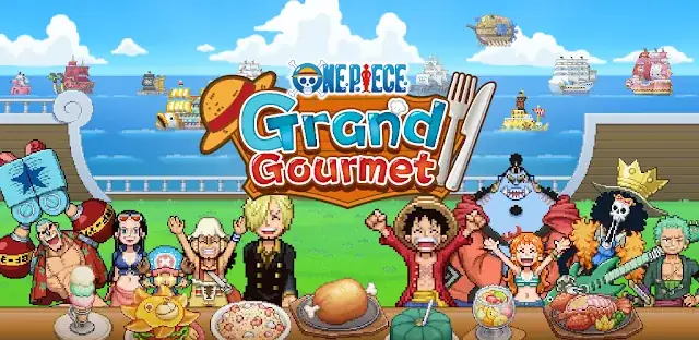 ONE PIECE: Grand Gourmet key art with the Straw Hat Crew serving dishes at the Baratie