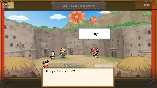 Grand Gourmet story scene with Luffy and Chopper talking in a pixel art landscape